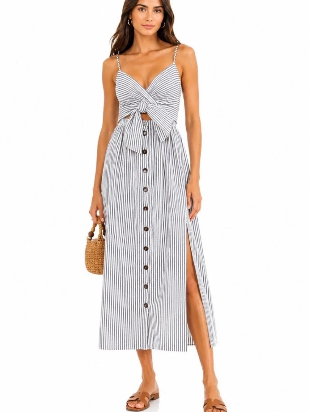 Mara Hoffman Thora Pinstripe Wrapped Waist Midi Dress Size M